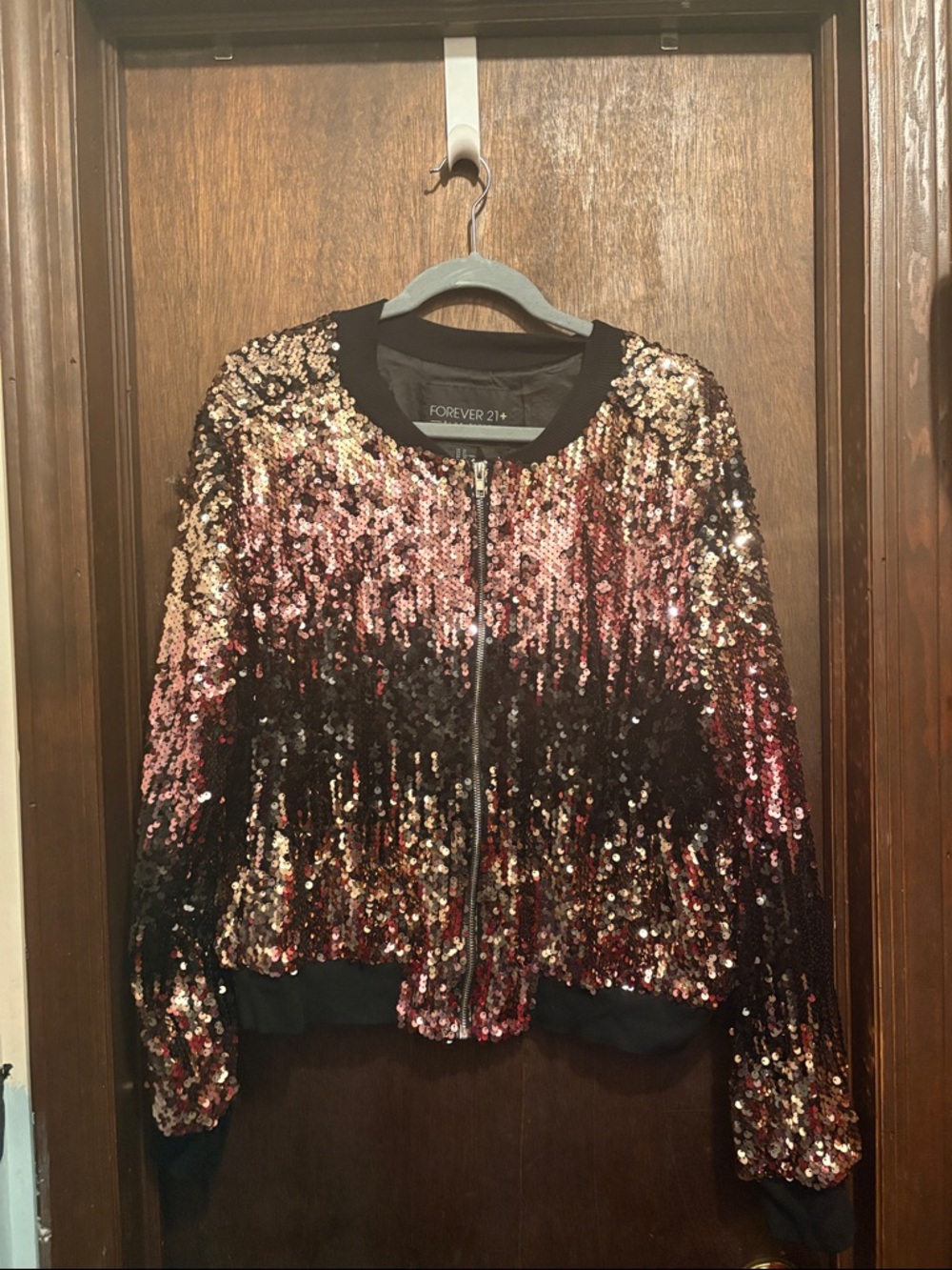 Forever 21+ size, pink, gold, and black sequin bomber jacket